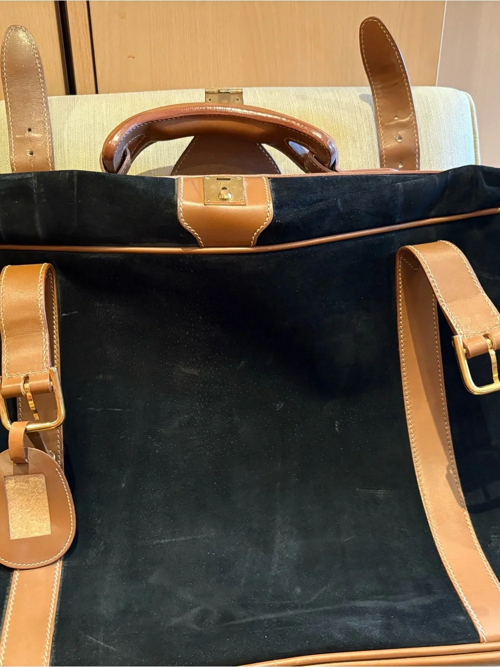 Gucci Black Suede and Brown Leather Duffel Bag Vintage Preowned